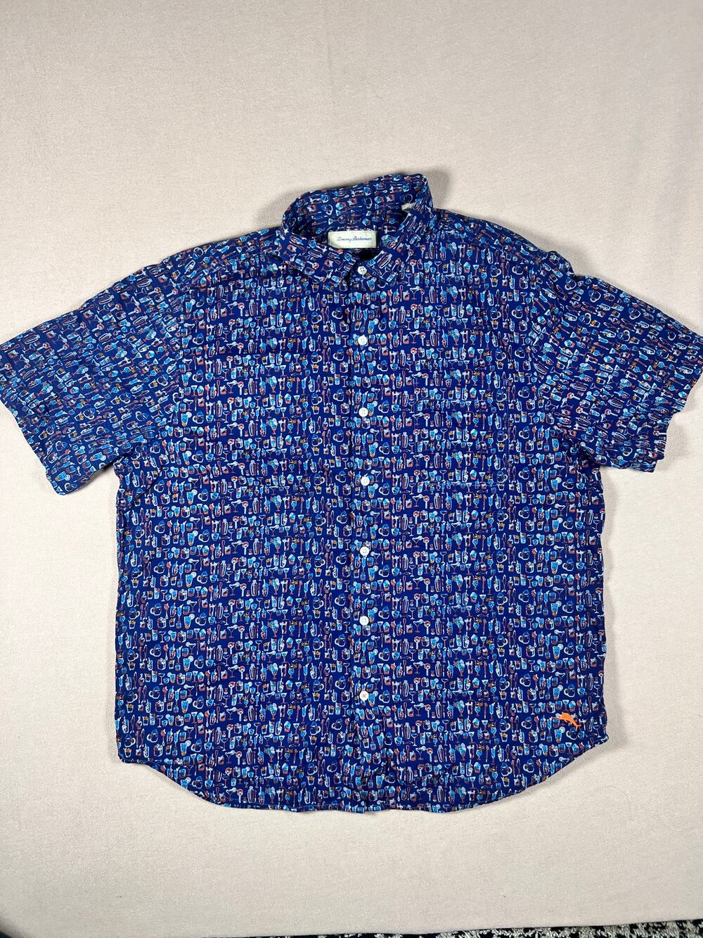 Tommy Bahama Mens XL Blue Cocktail Print Button Up Shirt Short Sleeve Tropical